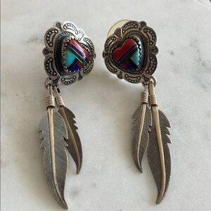 Vintage Southwestern Sterling Inlay Heart Earrings Feather Dangles
